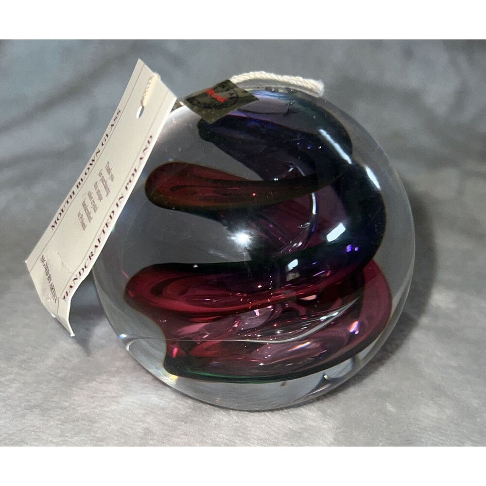 M PYRCAK Round Blown Art Glass *PAPERWEIGHT*Ribbon Swirl Pink Purple signed MP